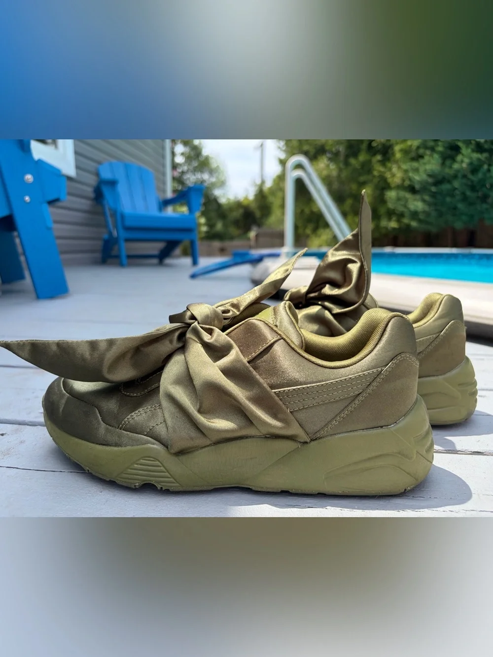 Women's Olive Green Satin Bow Chunky Sneakers